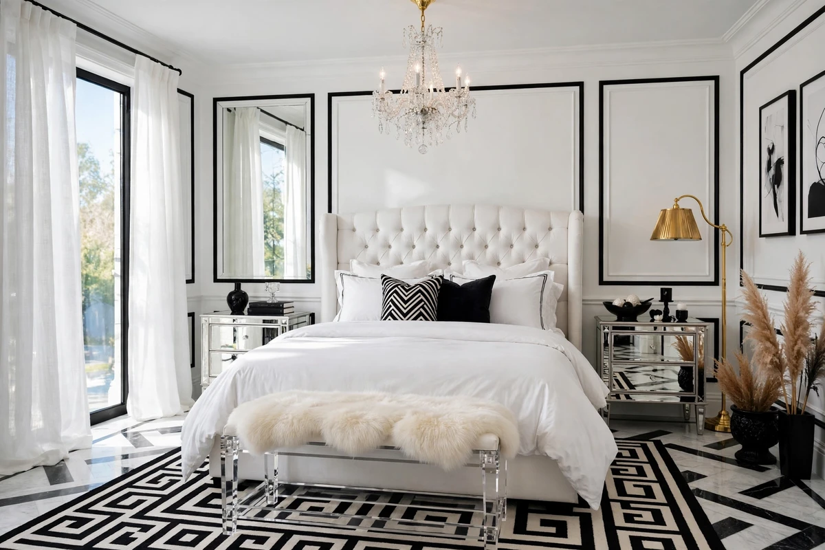 Clear lucite bench with faux fur cushion in a Hollywood Regency bedroom