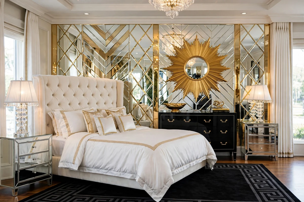 Gold sunburst mirror above a black lacquered dresser in a glamorous bedroom