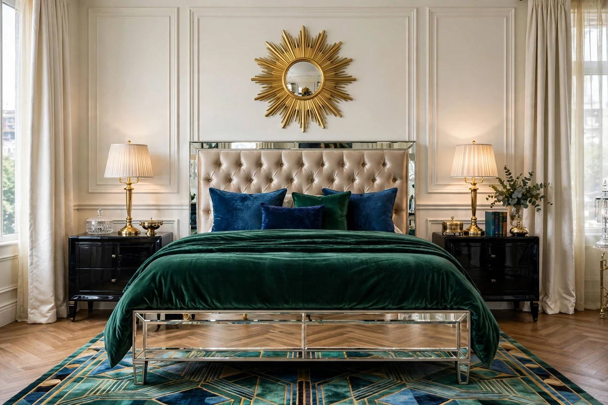 Emerald velvet bedding in a Hollywood Regency bedroom