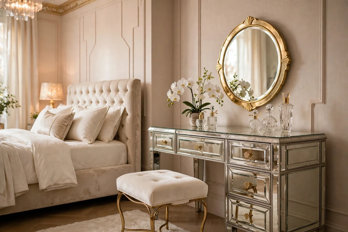 Mirrored vanity table with gold mirror in a Hollywood Regency bedroom corner