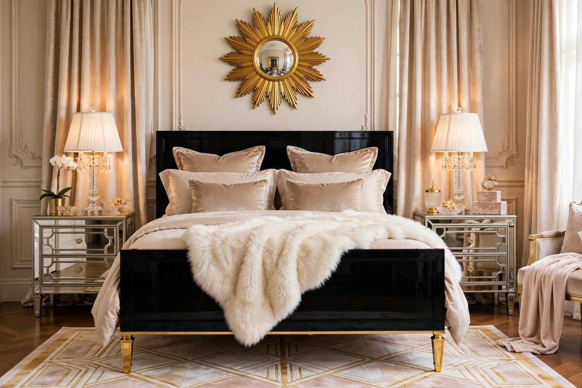 Ivory faux fur throw on a Hollywood Regency bed
