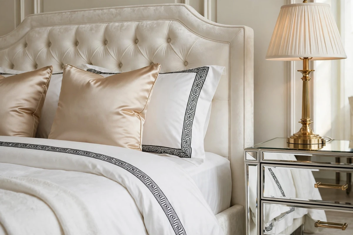 White bedding with Greek key trim in a Hollywood Regency bedroom