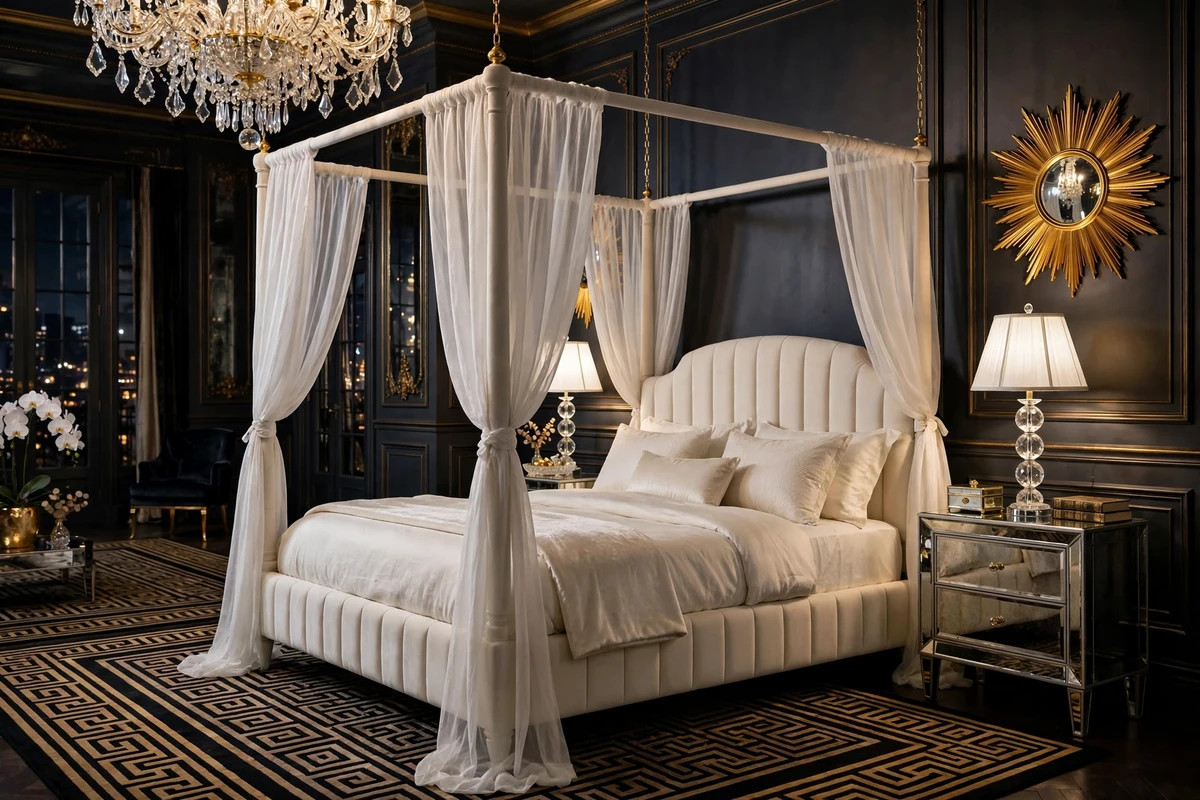 Upholstered canopy bed with sheer drapes in a Hollywood Regency bedroom