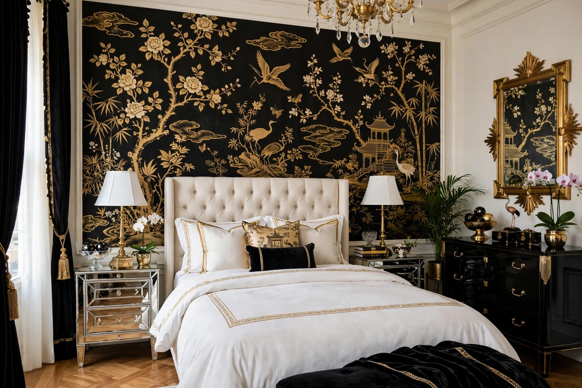 Black and gold chinoiserie wallpaper in a Hollywood Regency bedroom
