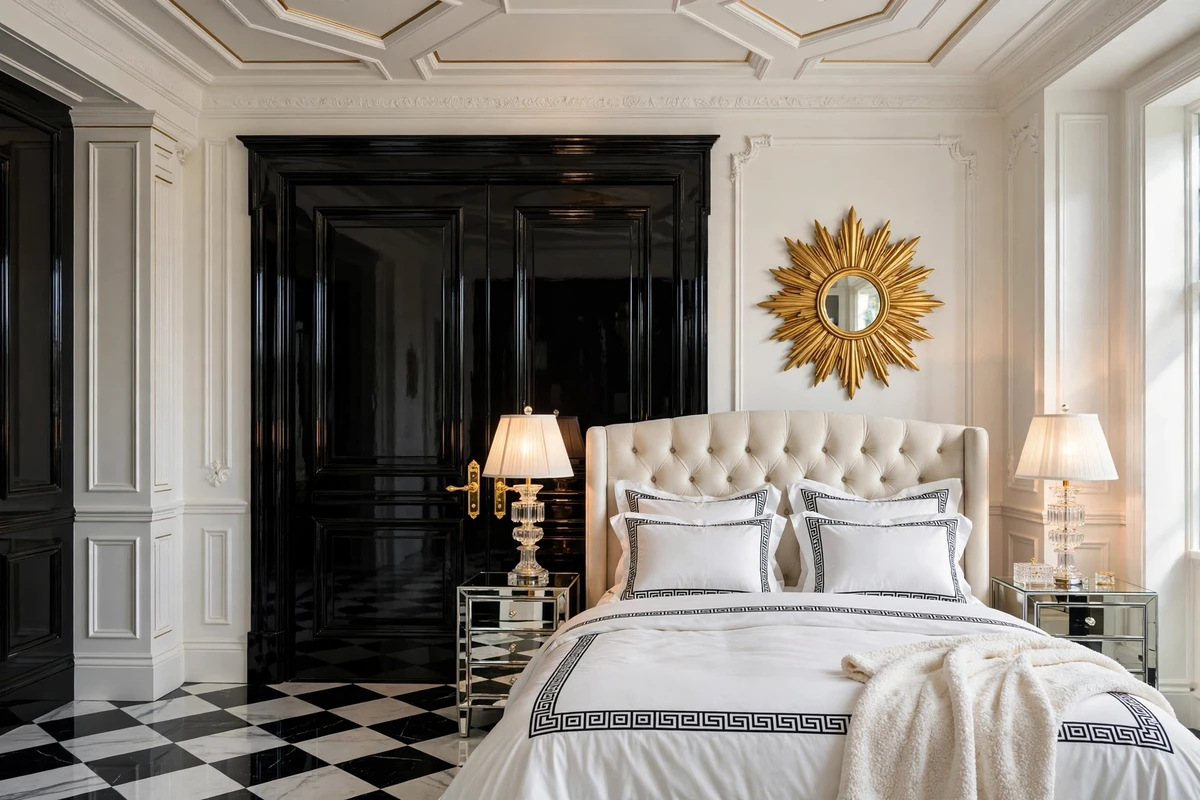 Glossy black lacquered doors with gold handles in a glamorous bedroom
