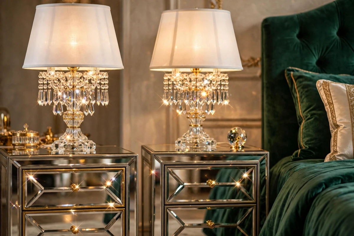 Pair of crystal table lamps on mirrored nightstands