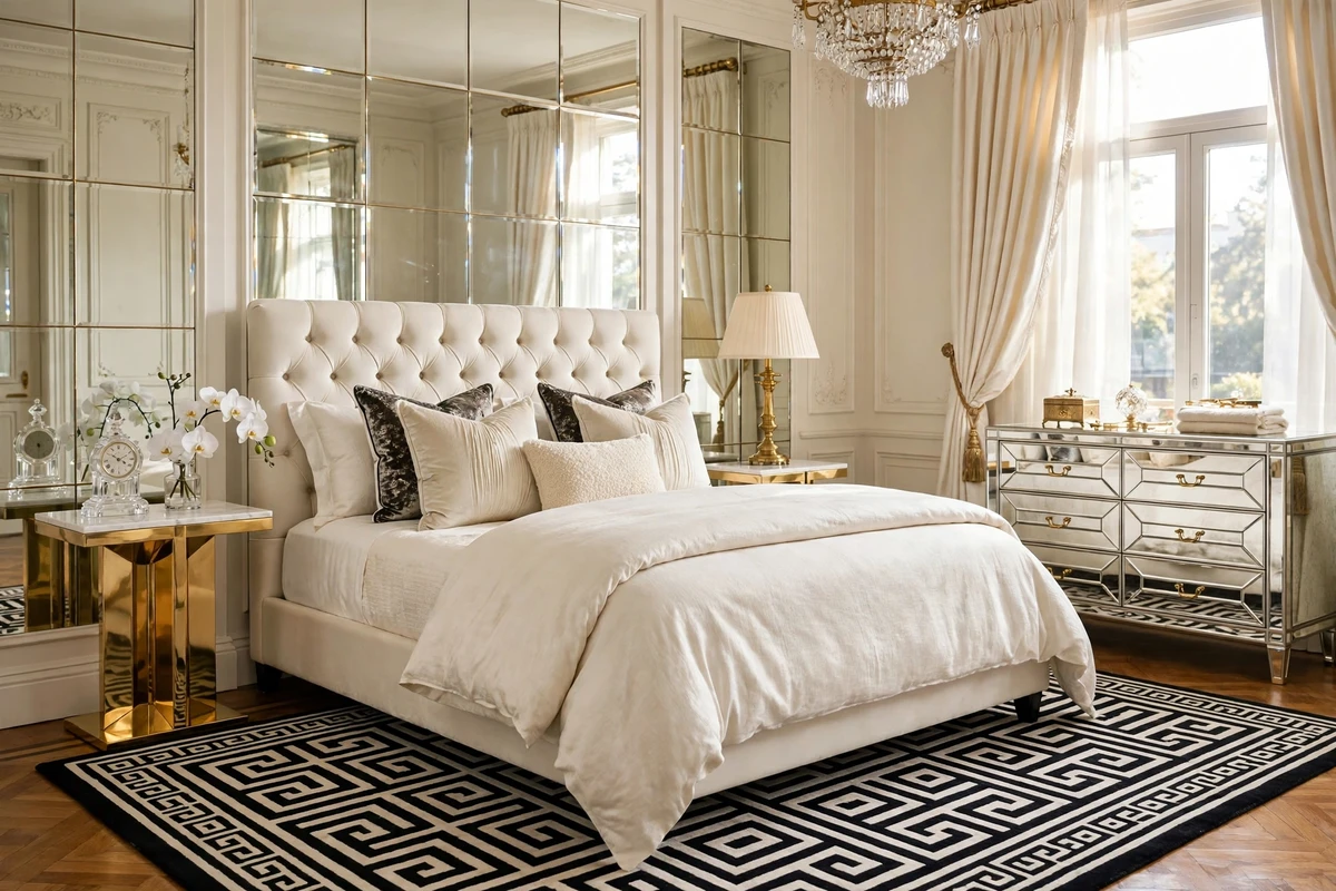 Marble top side tables with gold bases in a Hollywood Regency bedroom