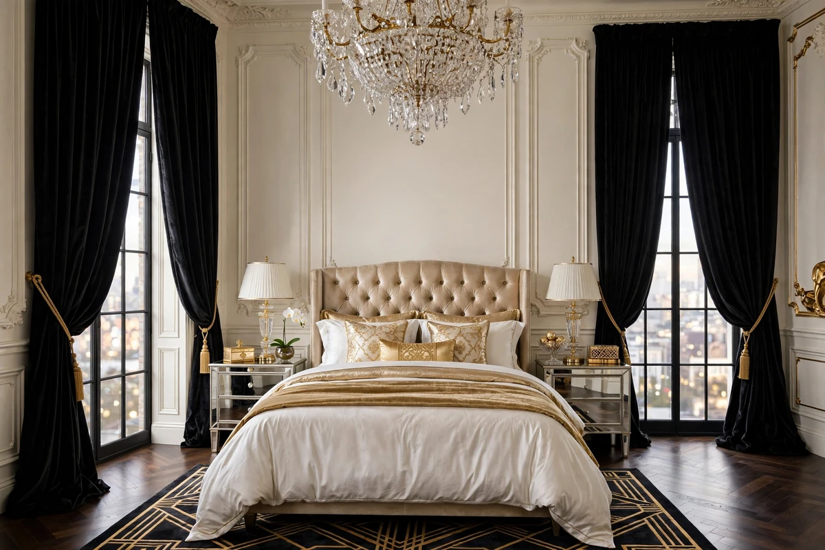Black velvet curtains with gold tiebacks in a glamorous bedroom