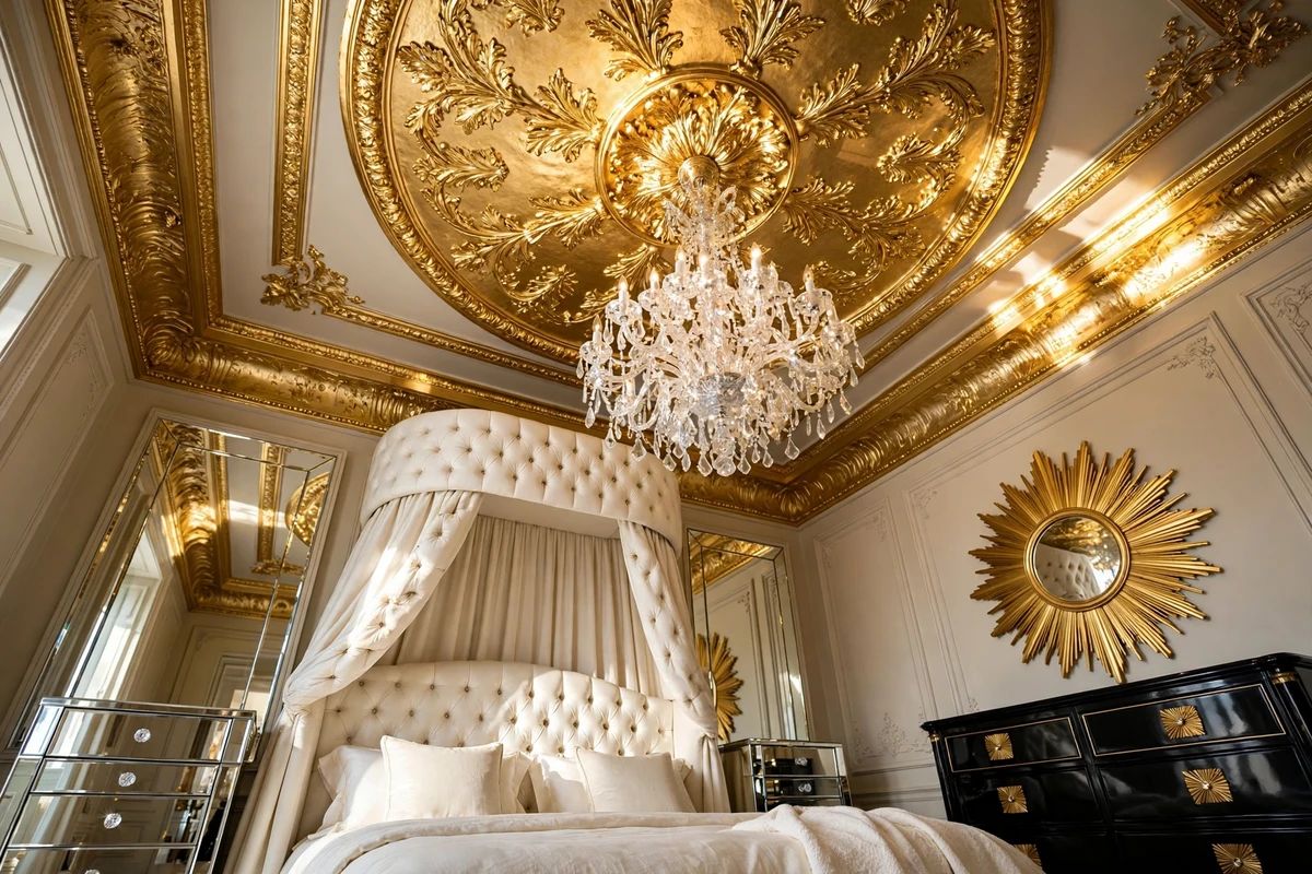 Gold leaf ceiling medallion around a crystal chandelier