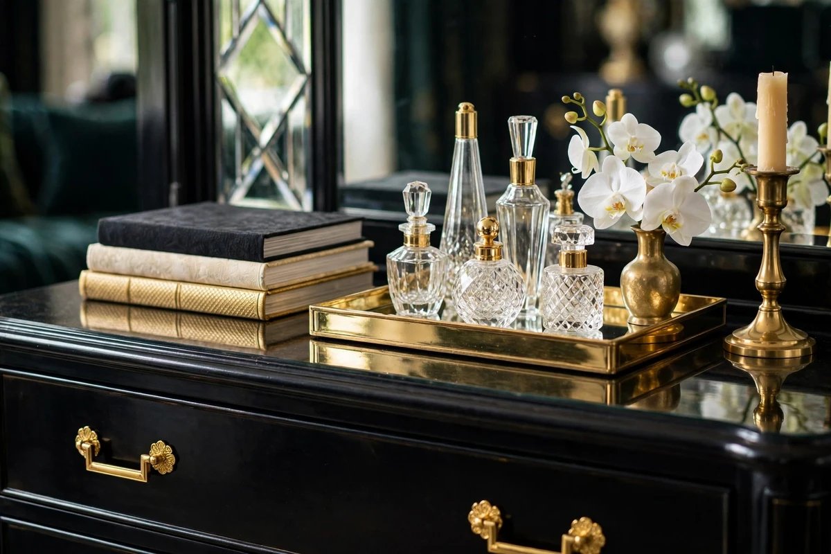 Styled coffee table books and gold tray on a mirrored dresser