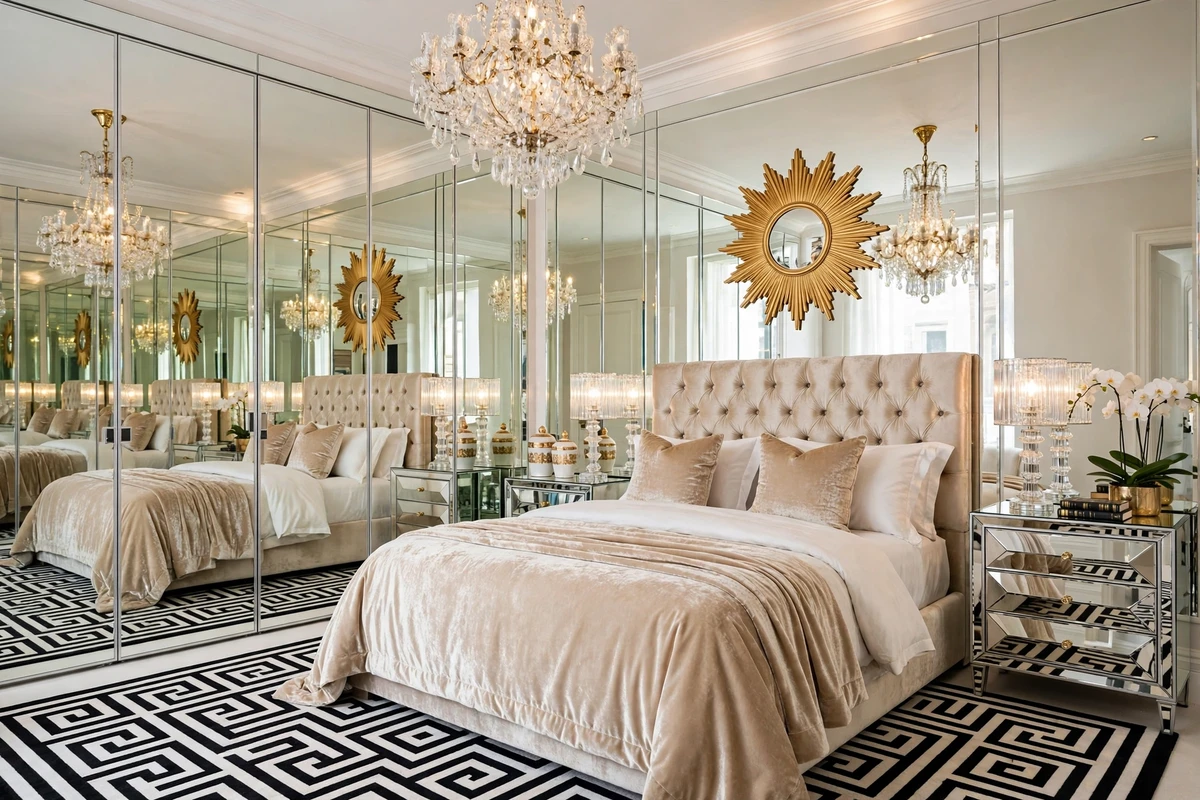 Mirrored closet doors reflecting a Hollywood Regency bedroom
