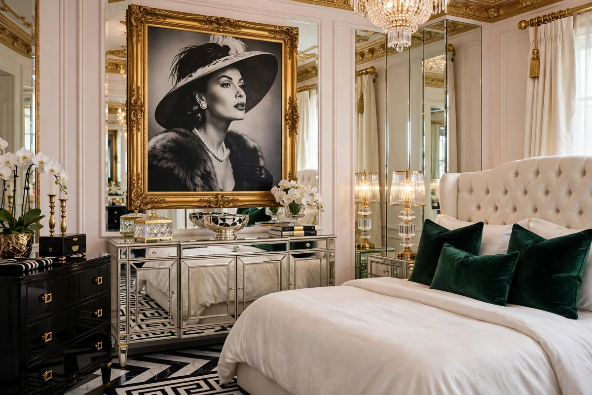 Large gold-framed fashion art in a Hollywood Regency bedroom