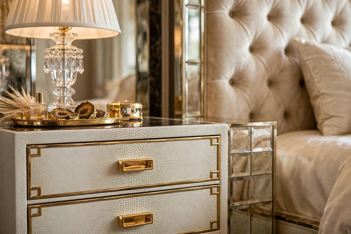 Faux shagreen nightstand with brass trim in a glamorous bedroom