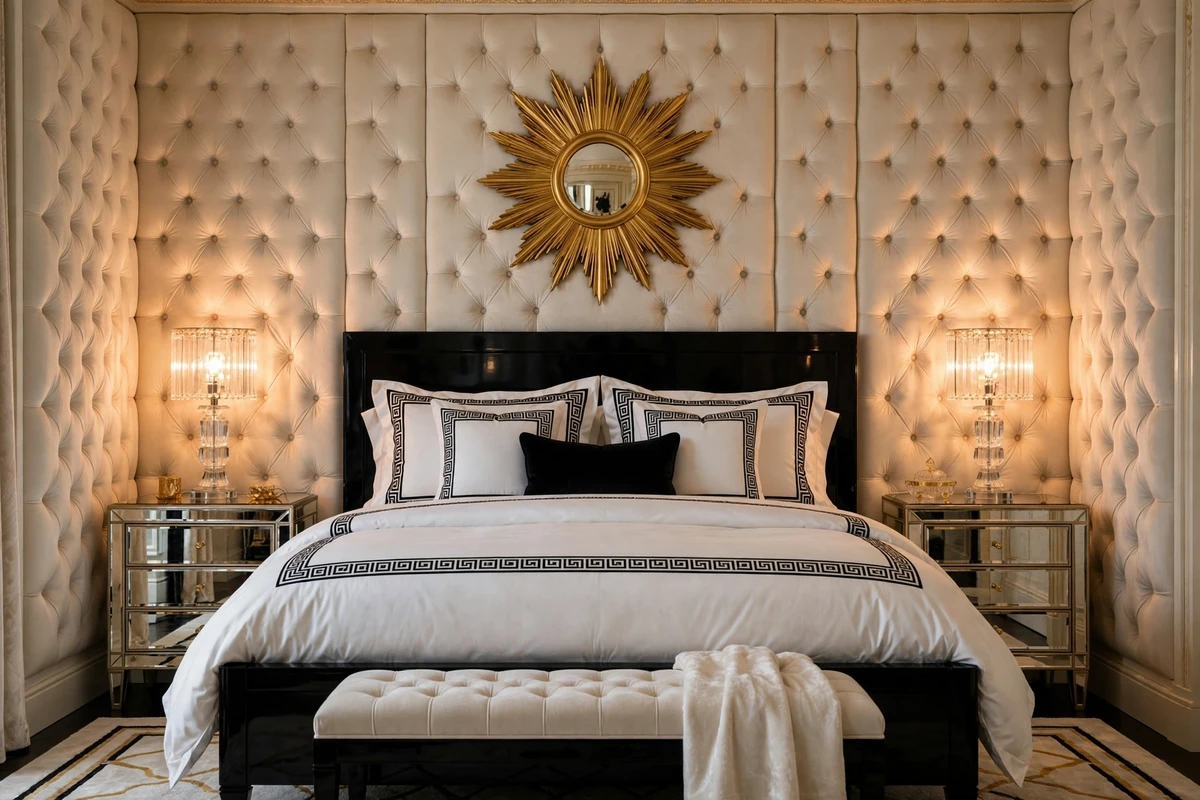 Tufted upholstered wall panels behind a Hollywood Regency bed