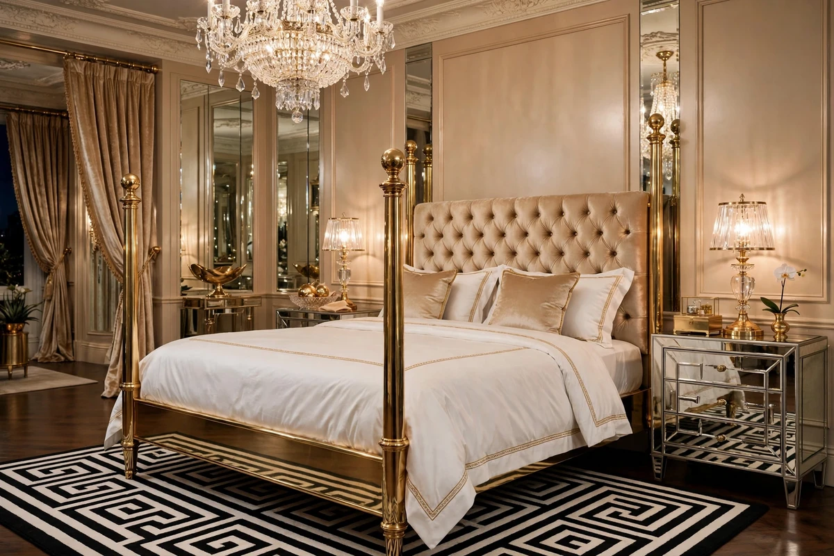 Polished brass bed frame in a Hollywood Regency bedroom
