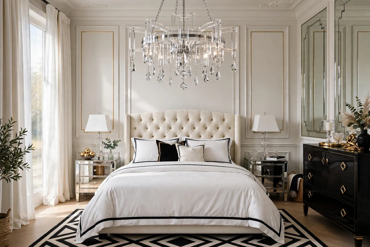 Modern lucite chandelier with crystal drops in a glamorous bedroom