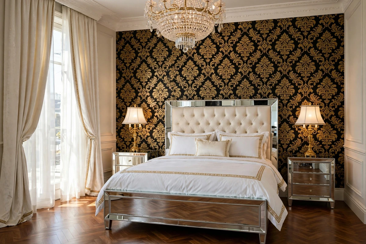 Black and gold damask wallpaper in a Hollywood Regency bedroom