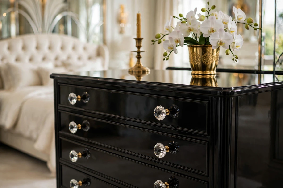 Crystal drawer pulls on a black lacquered dresser