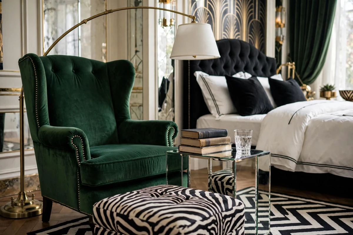 Velvet reading chair with brass floor lamp in a Hollywood Regency bedroom