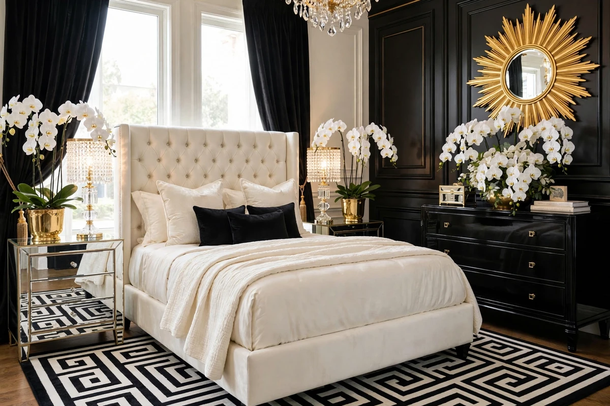 White orchids in gold pots throughout a Hollywood Regency bedroom