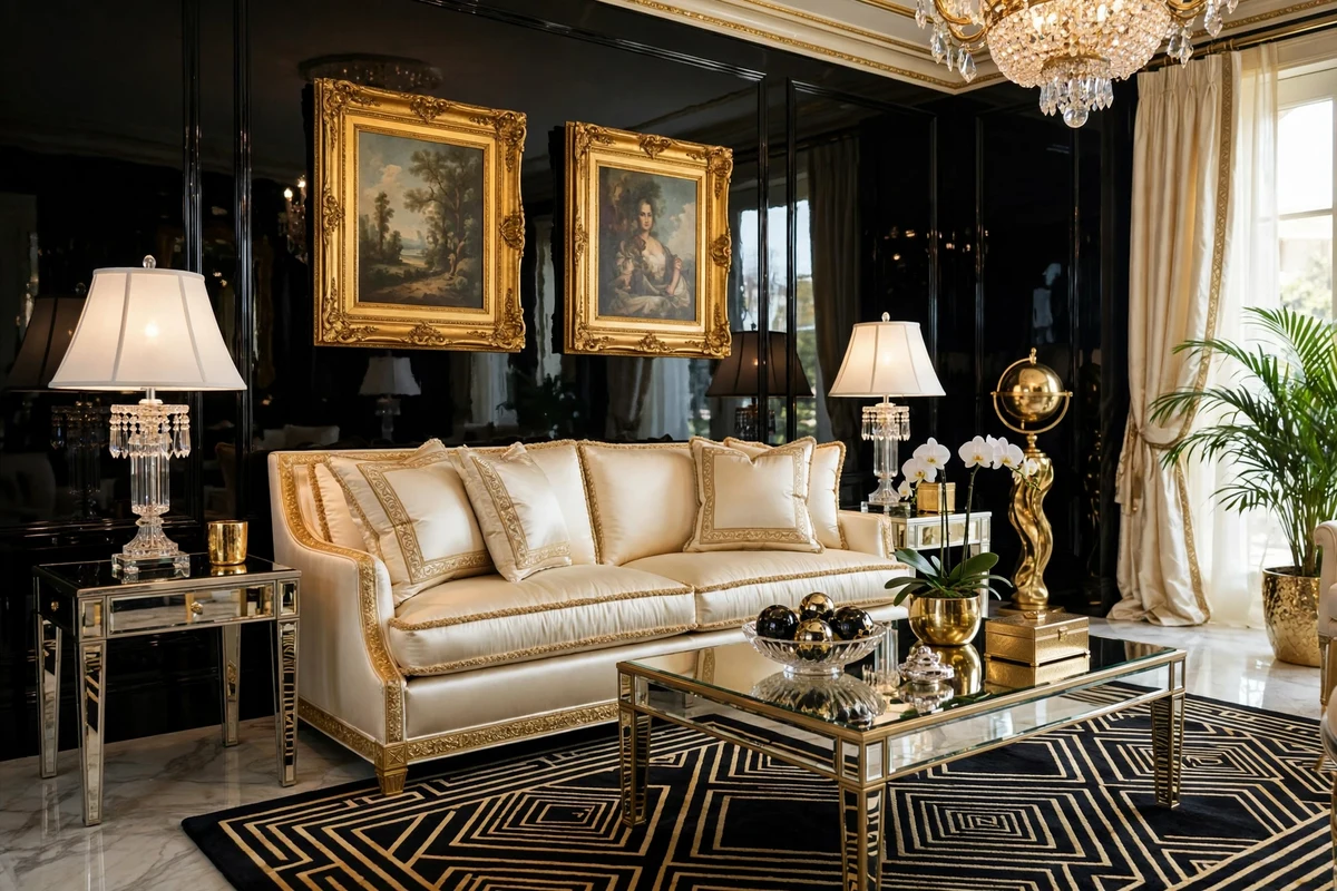 High-gloss black lacquered walls in a Hollywood Regency living room with cream sofa and crystal lamps