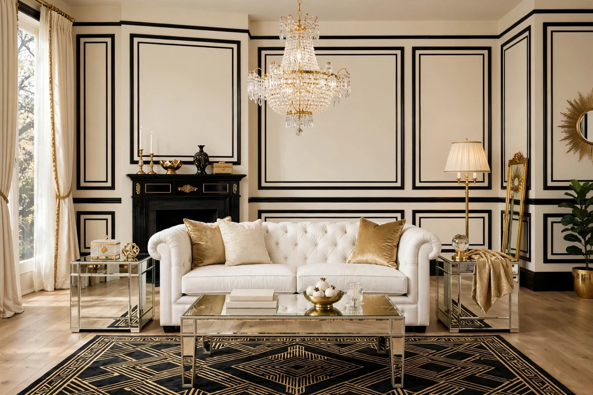 Cream living room walls with glossy black trim moldings, white tufted sofa and crystal chandelier