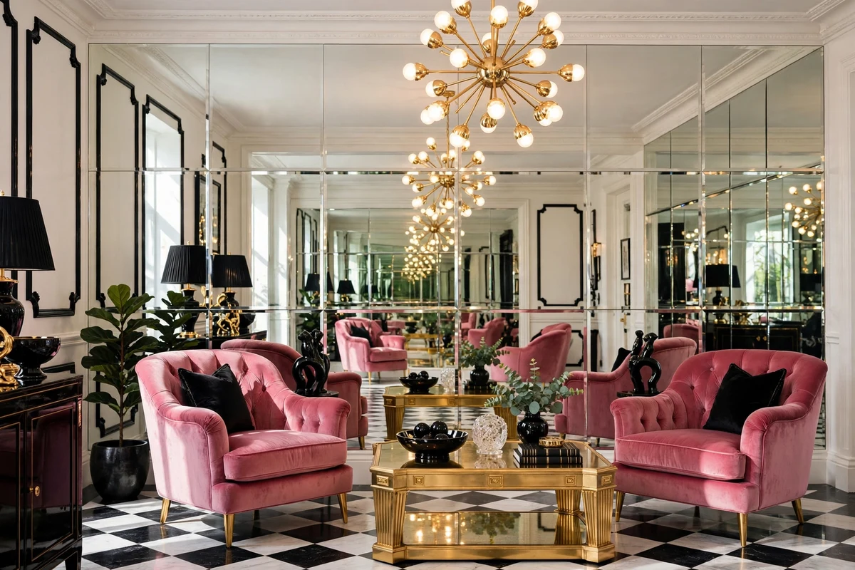 Floor-to-ceiling mirrored wall panels in a Hollywood Regency living room with pink velvet chairs
