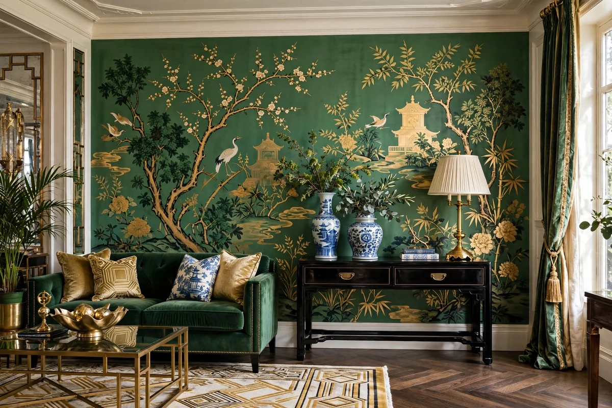 Chinoiserie wallpaper feature wall in a Hollywood Regency living room with black lacquered console