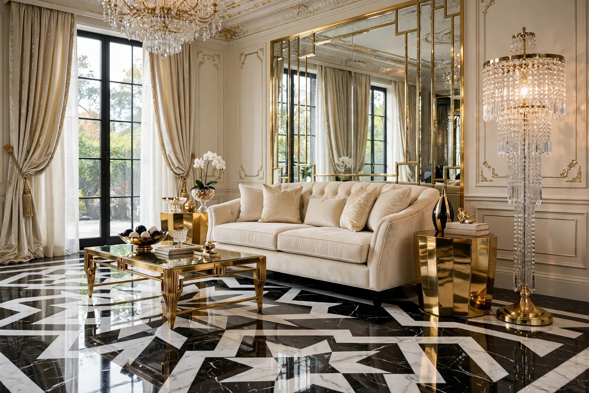 Polished black and white marble floors with inlay in a Hollywood Regency living room