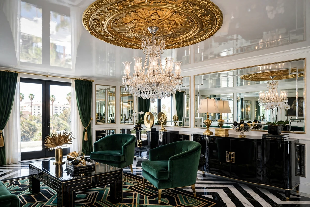High-gloss ceiling with gilt medallion and crystal chandelier in a Hollywood Regency living room
