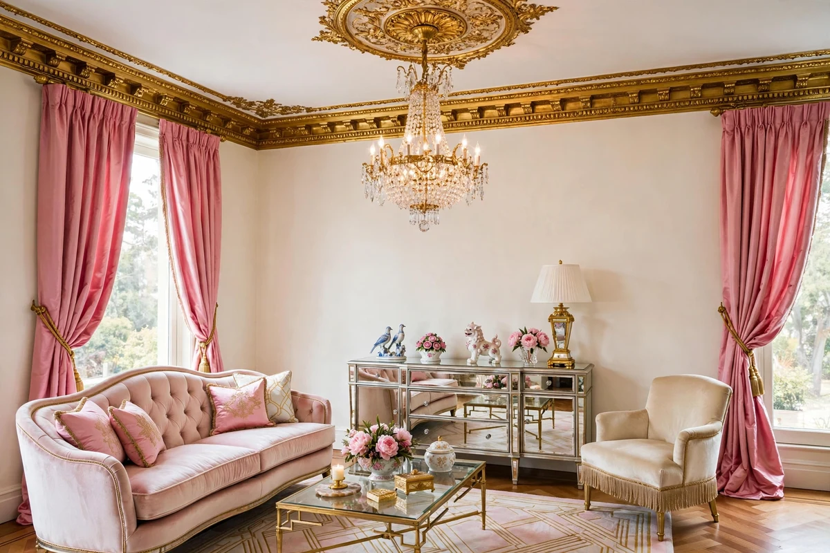 Gilt crown molding and ceiling rosettes in a Hollywood Regency living room with ivory walls