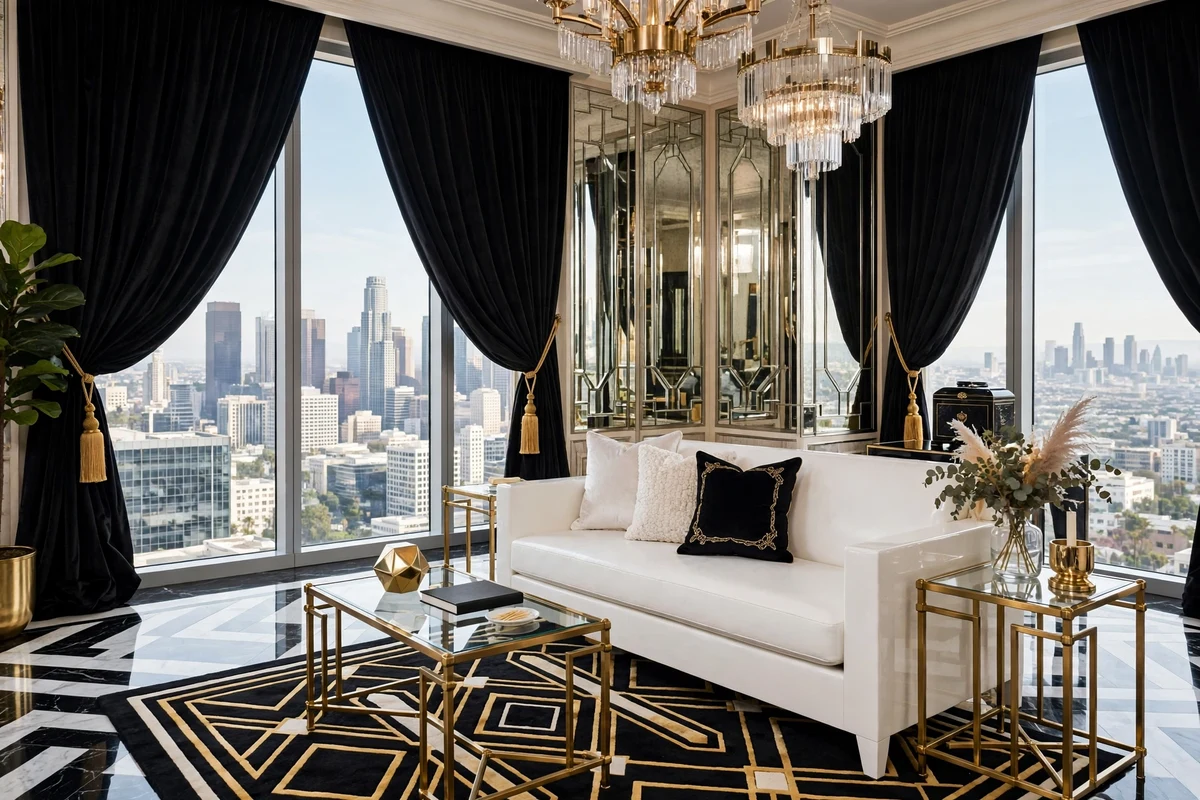 Floor-to-ceiling black velvet drapes with gold tassel tiebacks in a Hollywood Regency living room