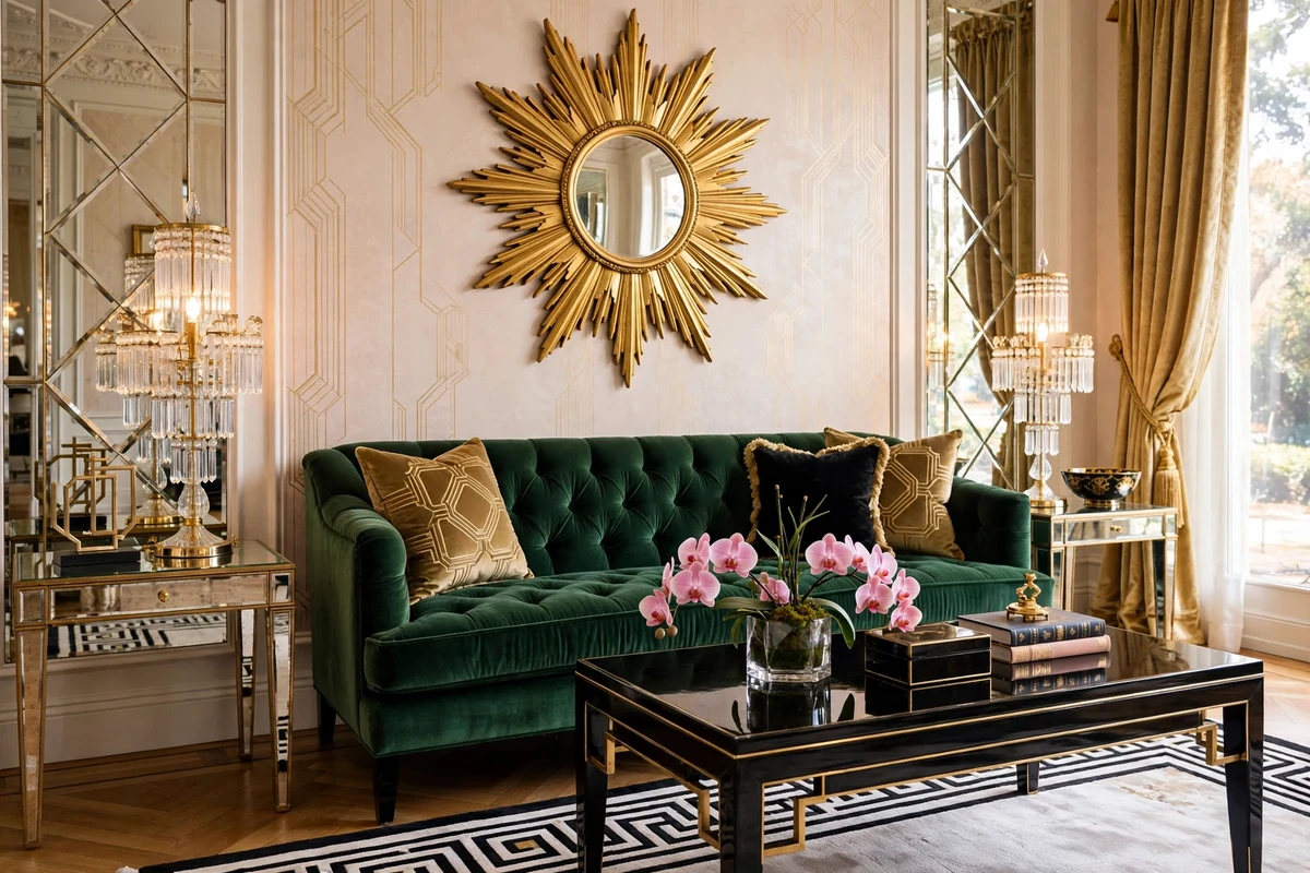 Emerald green velvet tufted sofa in a Hollywood Regency living room with gold sunburst mirror