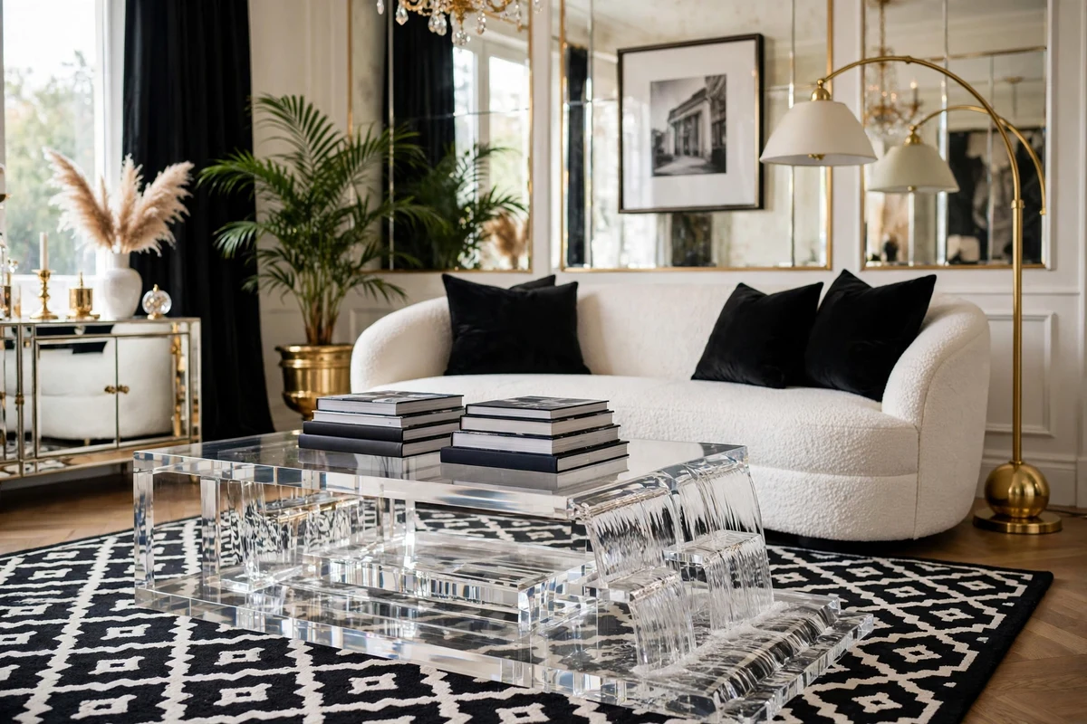 Lucite waterfall coffee table in a Hollywood Regency living room with white boucle sofa