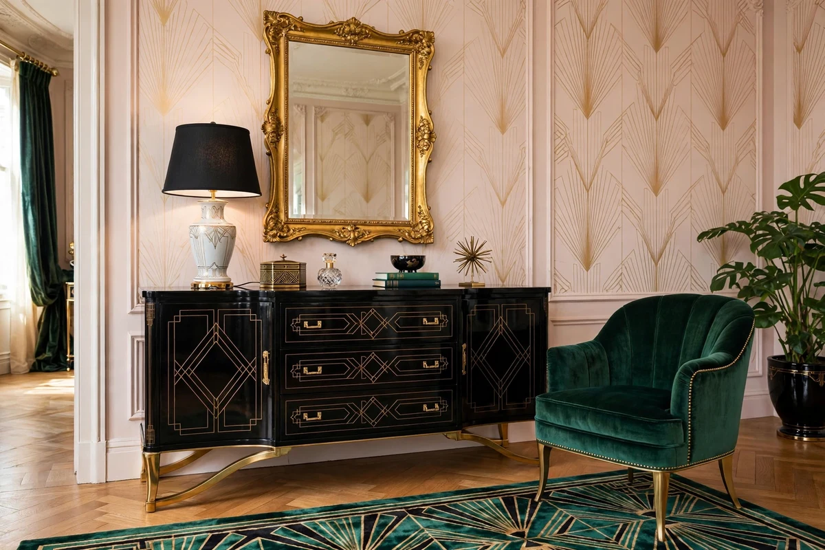 Black lacquered sideboard with brass inlay and curved legs in a Hollywood Regency living room
