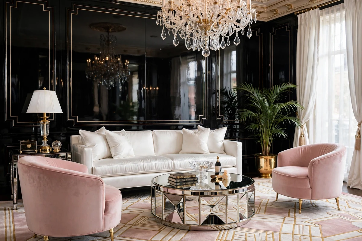Pair of blush pink velvet barrel chairs around a mirrored coffee table in a Hollywood Regency living room