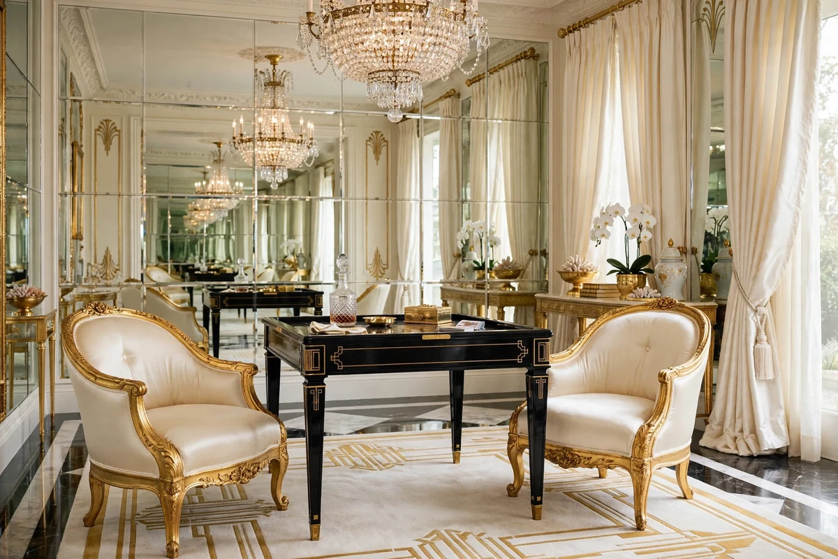 Gold giltwood slipper chairs with cream silk upholstery in a Hollywood Regency living room