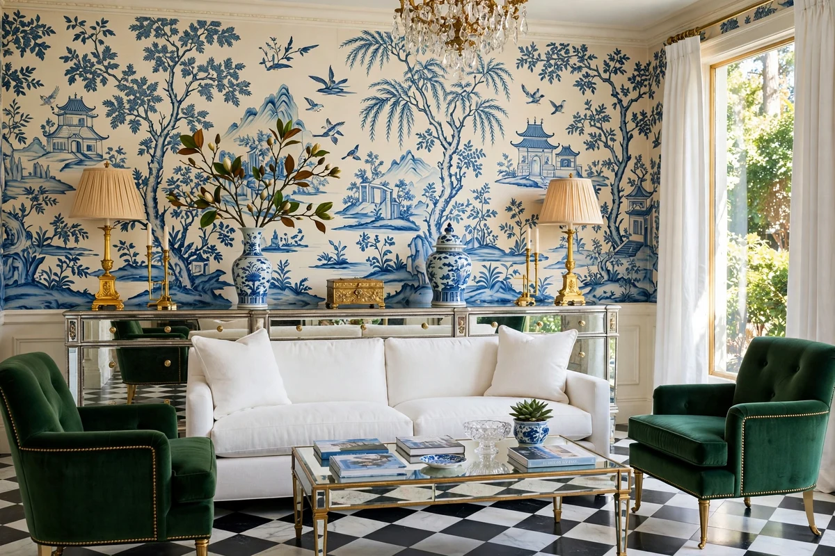 Mirrored console table behind a sofa with porcelain vases in a Hollywood Regency living room