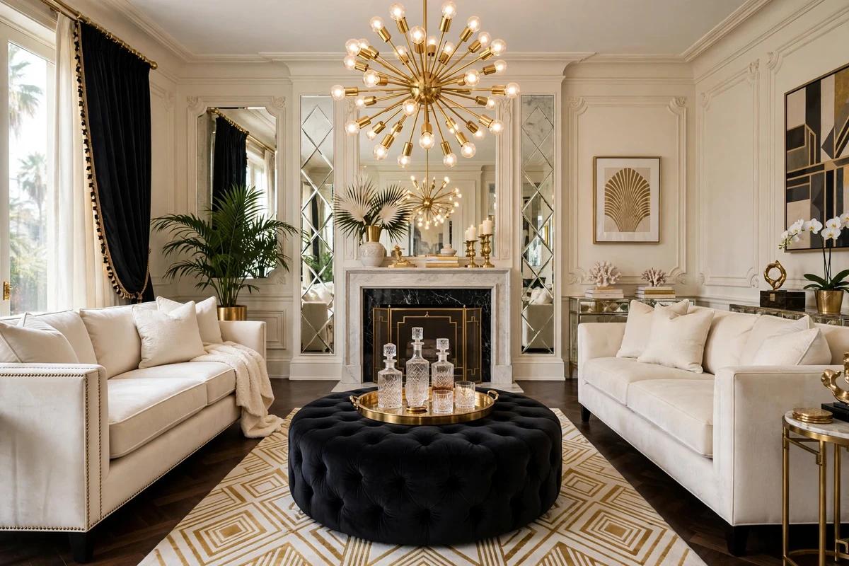 Round black velvet tufted ottoman coffee table with brass tray in a Hollywood Regency living room