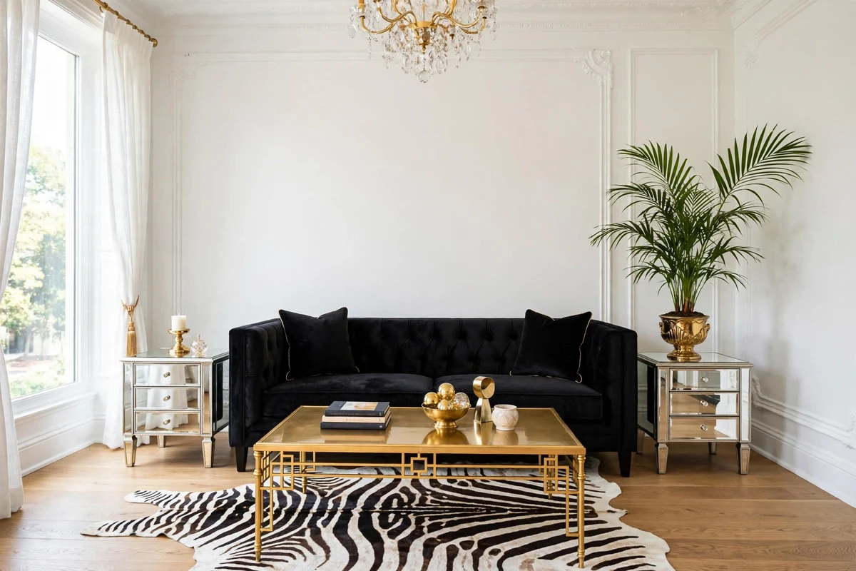 Faux zebra area rug under a black velvet sofa in a Hollywood Regency living room