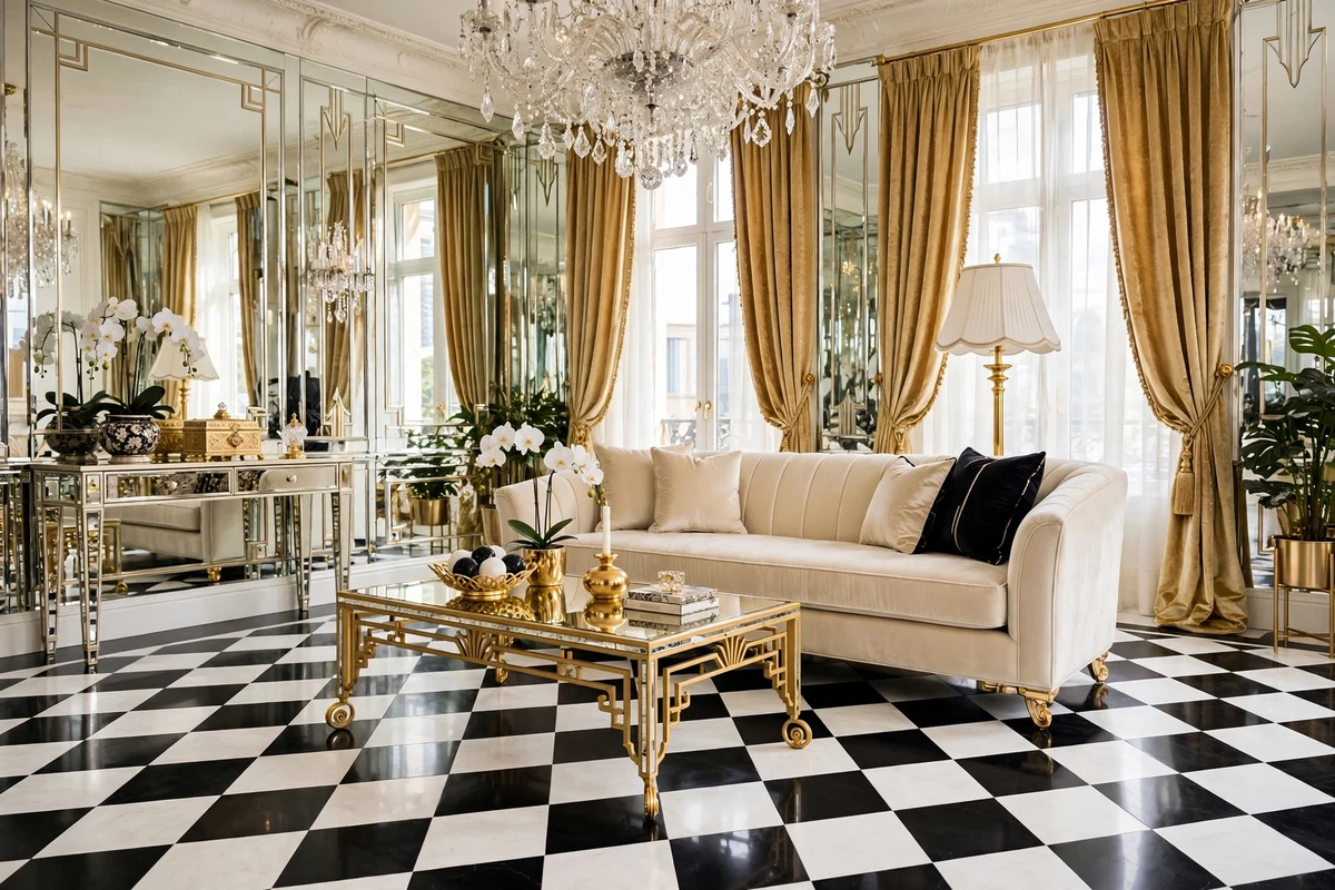 Black and white harlequin diamond floor in a Hollywood Regency living room