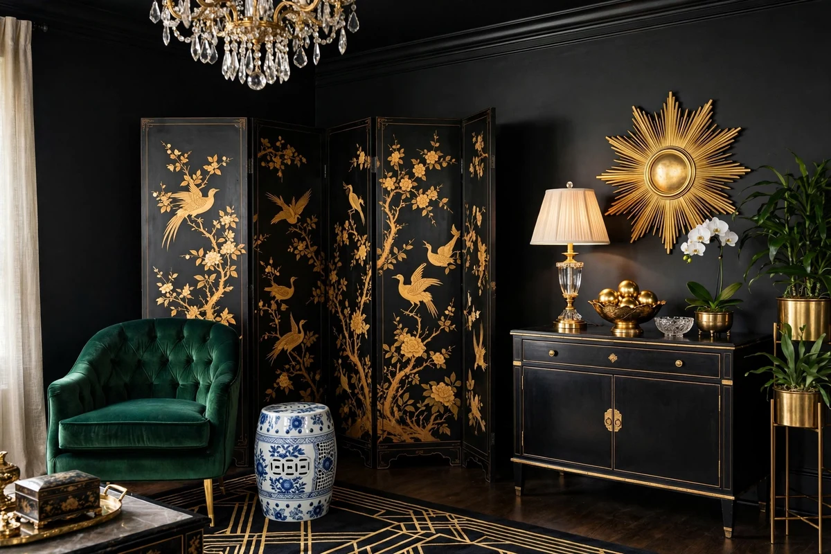 Black lacquered chinoiserie folding screen with gold birds in a Hollywood Regency living room