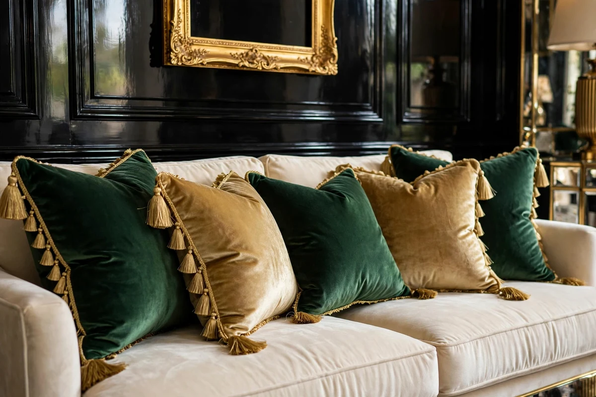 Emerald green and gold velvet throw pillows with tassel trim on a cream sofa