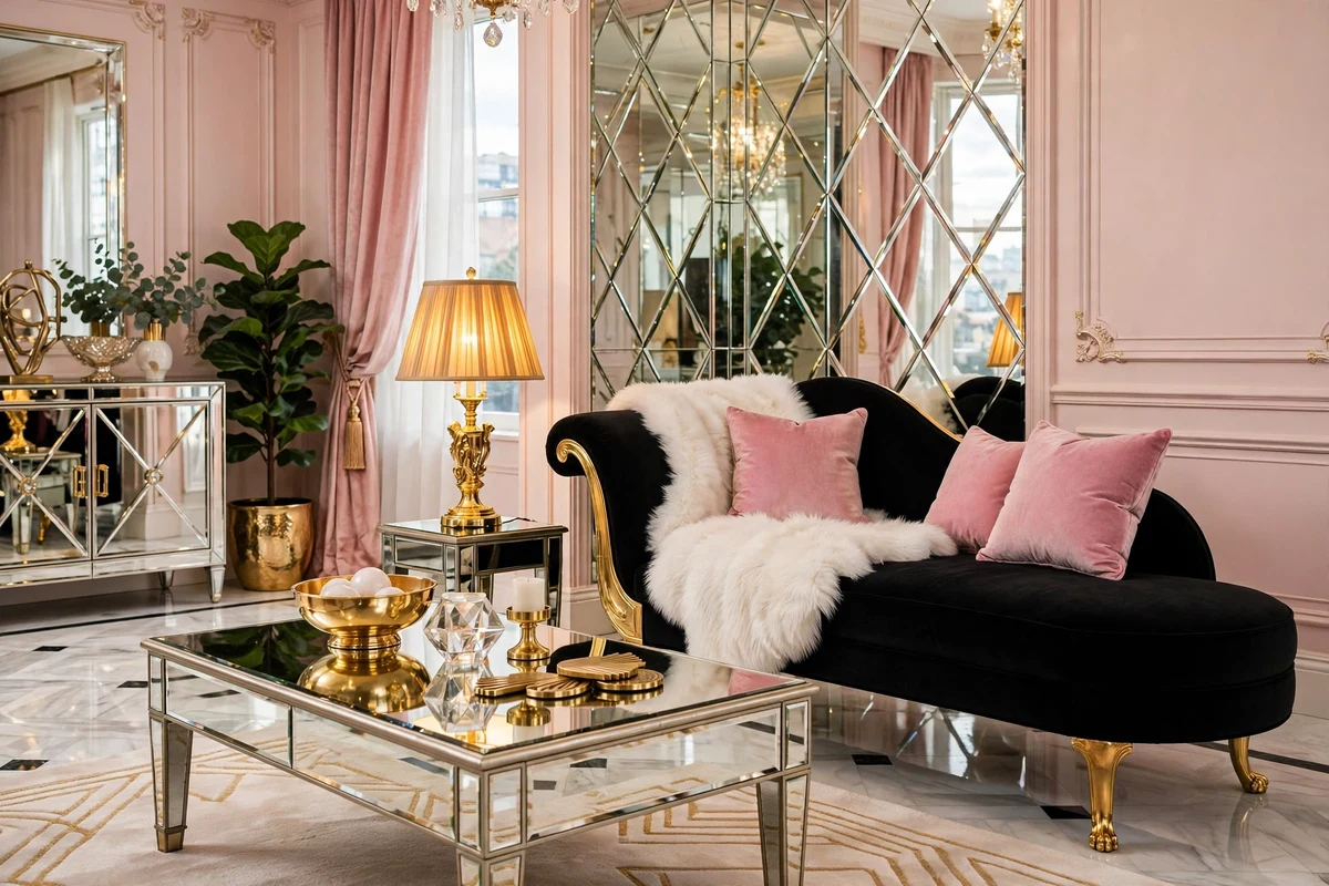 White faux fur throw draped over a black velvet chaise lounge in a Hollywood Regency living room
