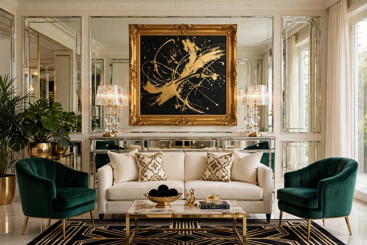 Gilt-framed abstract art above a cream sofa in a Hollywood Regency living room