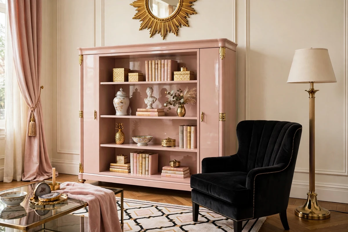 Blush pink lacquered bookcase styled with gold accessories in a Hollywood Regency living room