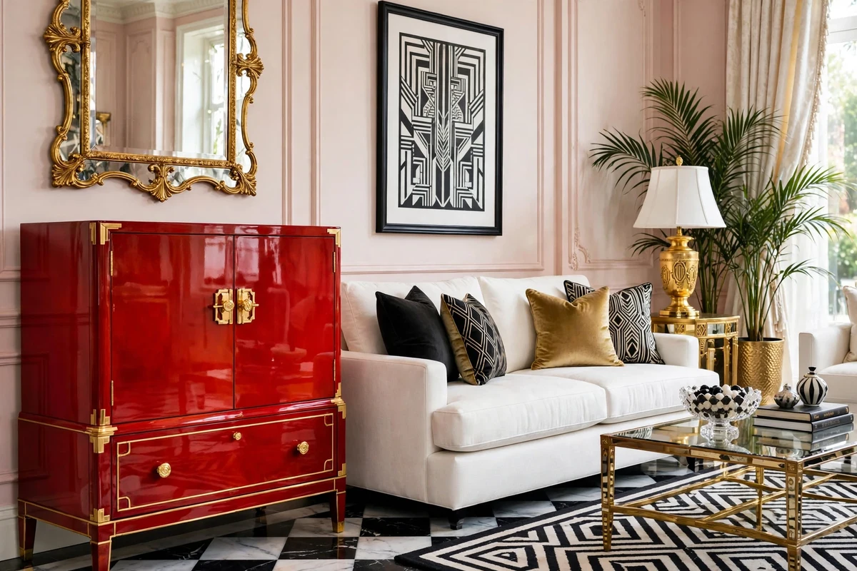 High-gloss red lacquered accent chest with gold hardware in a Hollywood Regency living room