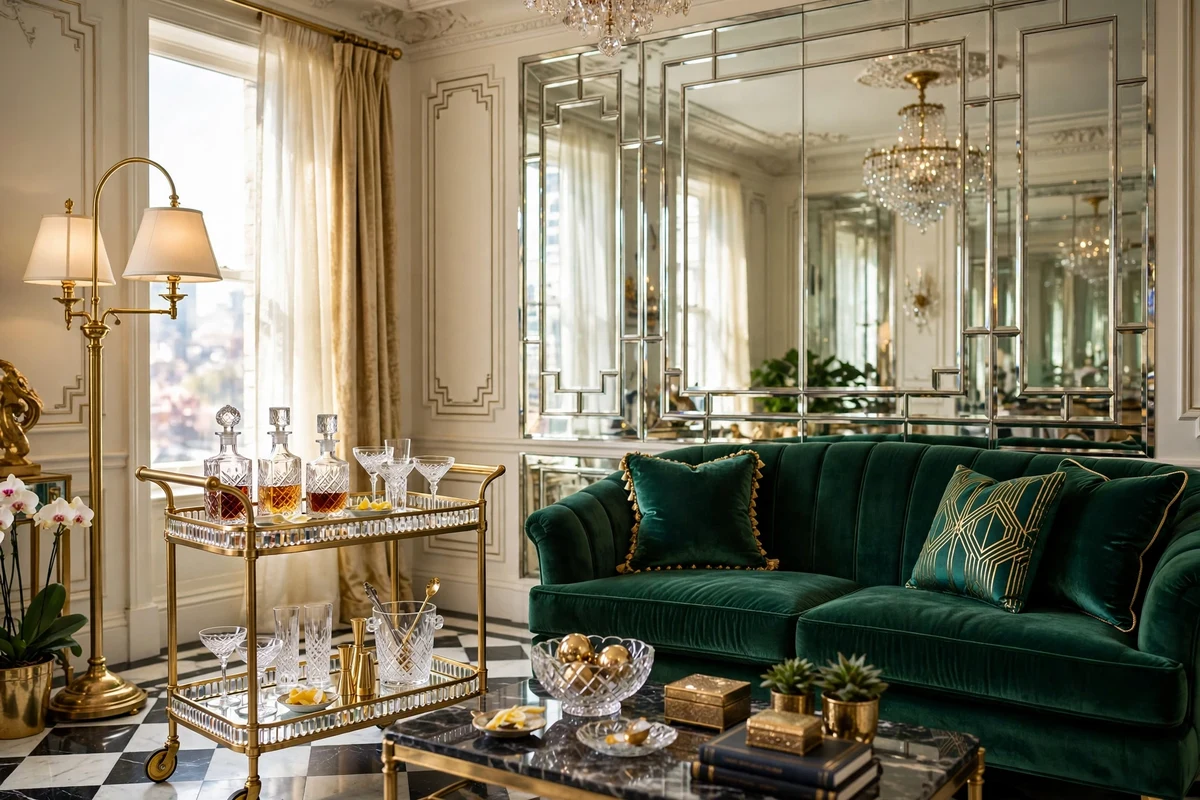 Gold and crystal bar cart with cut glass decanters in a Hollywood Regency living room
