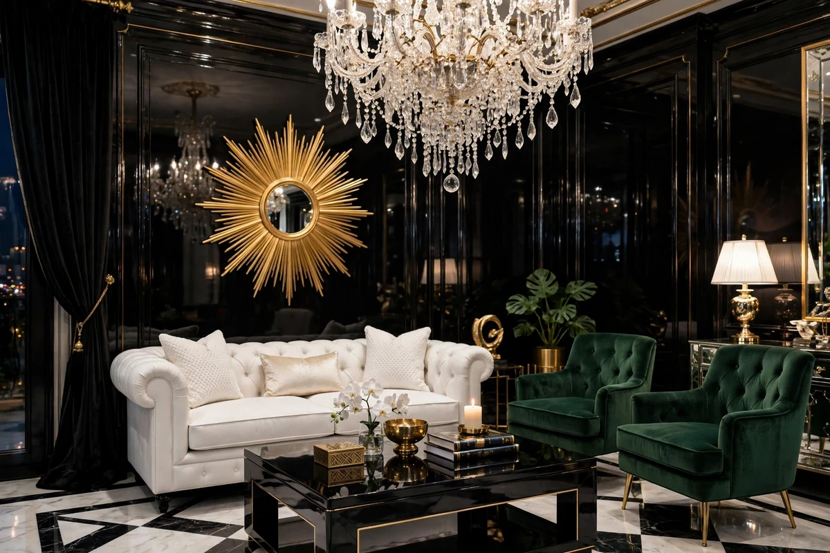 Dripping crystal chandelier in a Hollywood Regency living room with black lacquered walls