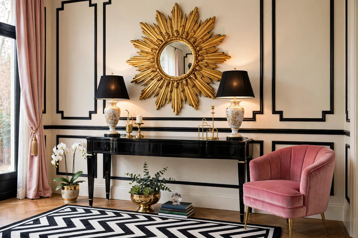 Gilded gold sunburst mirror above a black lacquered console in a Hollywood Regency living room